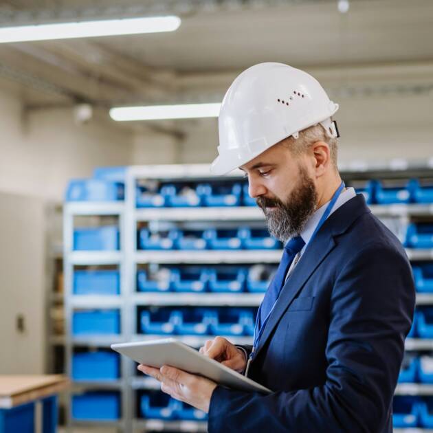 Manager in suit controlling goods in a warehouse.