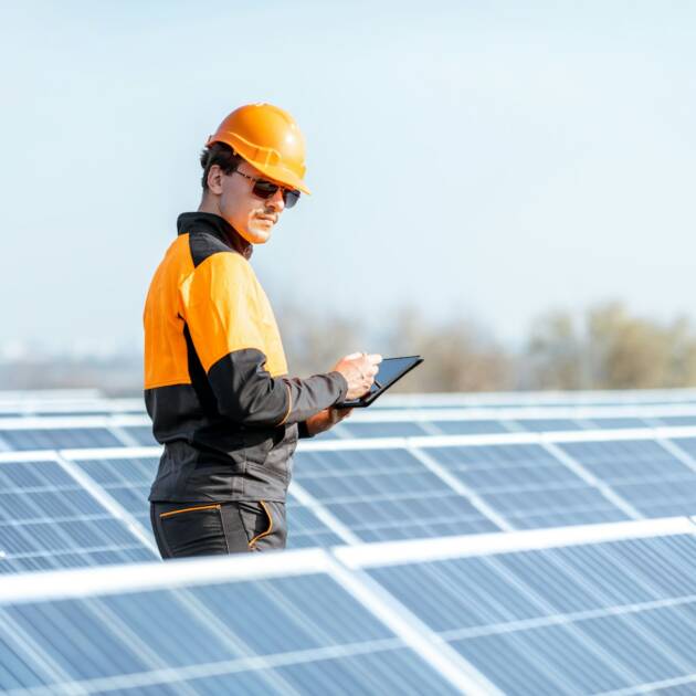 Engineer servicing solar panel on electric plant