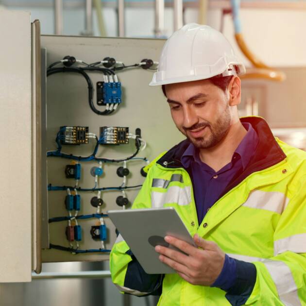 engineer worker workingchecking maintenance electricity fuse box in and power line in factory.