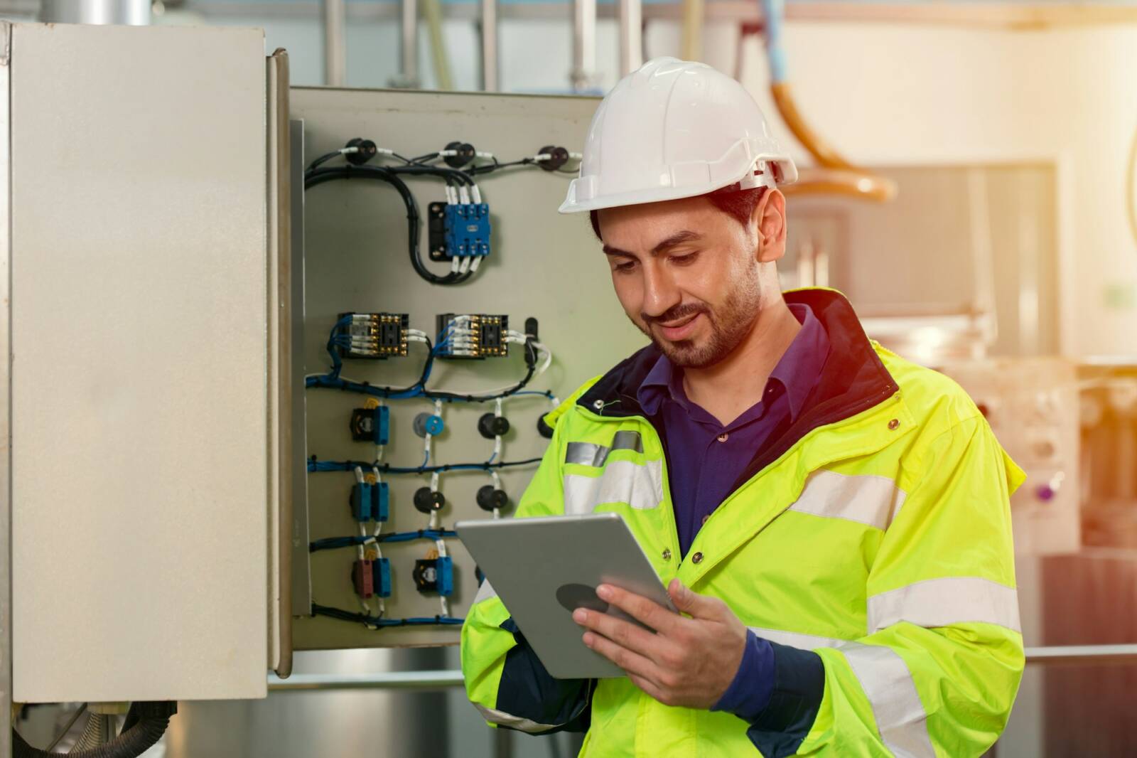 engineer worker workingchecking maintenance electricity fuse box in and power line in factory.